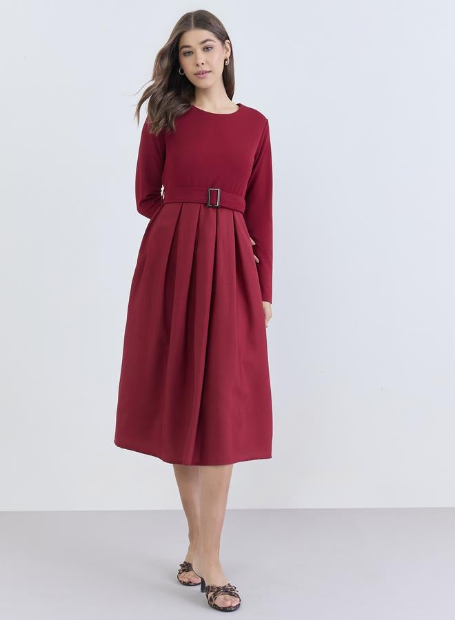 Styli Women Maroon Belted A-Line Midi Dress - Image 5